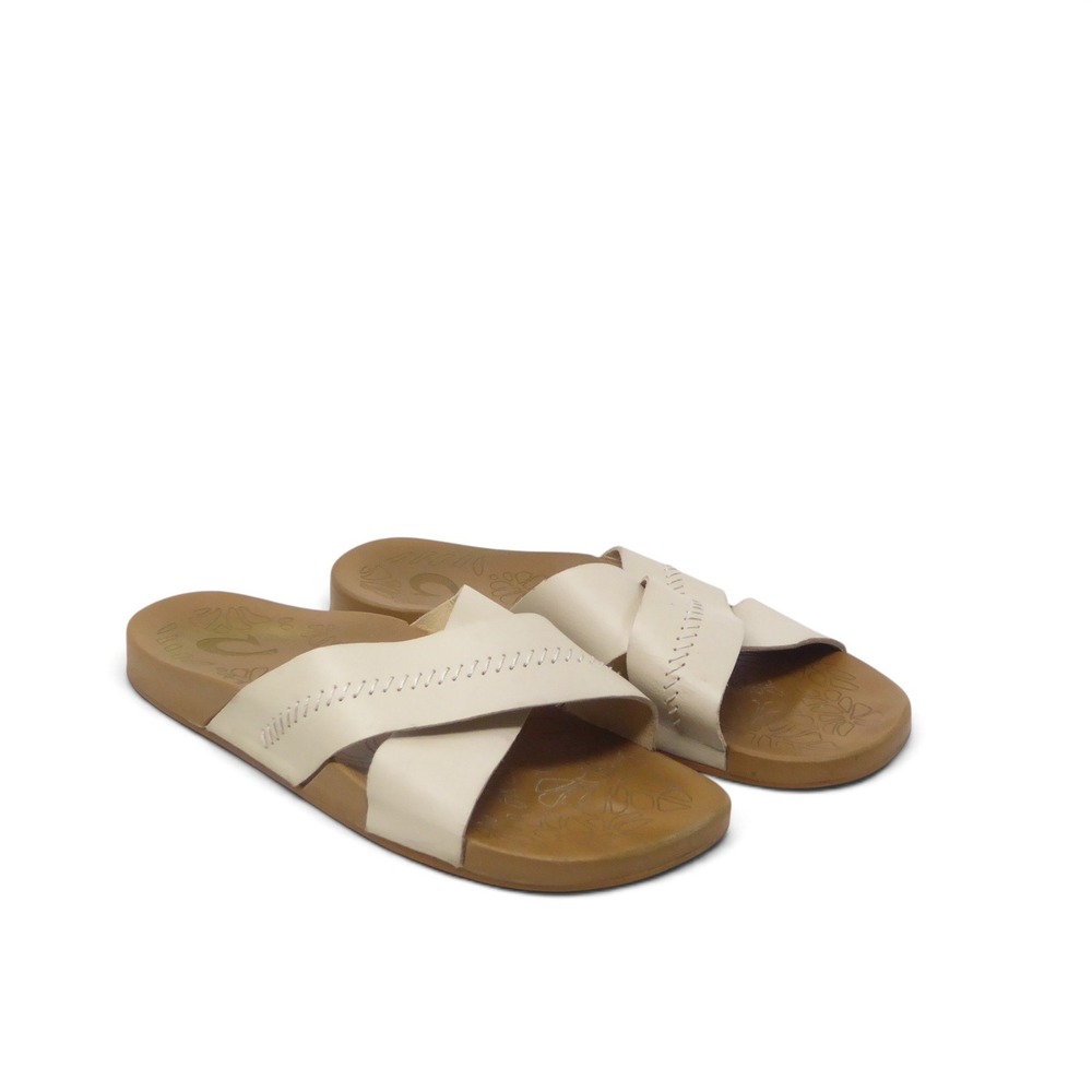 Olukai Women Slide Sandals Cream Leather Kipe'a 'Olu Size 8